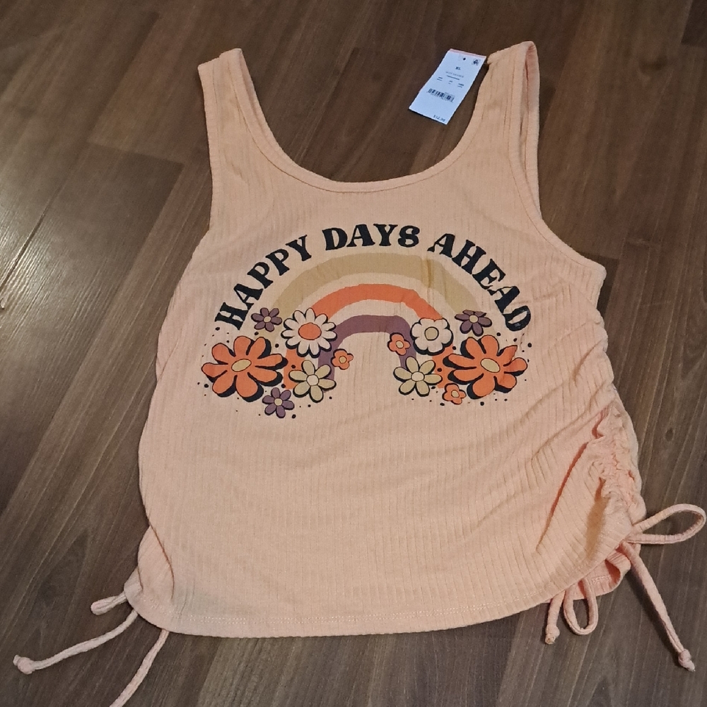 Zoe + Liv Peach Tank Top with Rainbow Graphic
